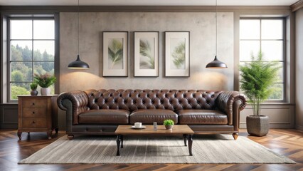 Elegant brown leather chesterfield sofa in a sunlit living room with hardwood floors, framed botanical prints, and potted plant