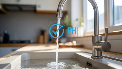 Safe drinking water pH checkmark flows from kitchen faucet in clean home