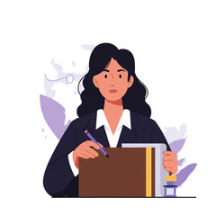 A focused professional woman in a dark business suit diligently writes in a notebook while holding a book, embodying dedication, career, and education.