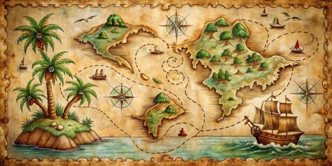 An ancient treasure map depicting a journey across a vast ocean, featuring islands with lush vegetation, sailing vessels, and navigational tools, hinting at a hidden fortune awaiting discovery.