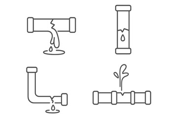 Broken pipe line icon set. Water leak from pipeline. Plumbing problem concept. Burst, cracked pipe with dripping water. House damage, emergency repair service vector signs.