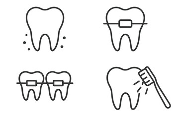 Dental care line icon set. Orthodontics, stomatology concepts. Tooth with braces, toothbrush cleaning, oral hygiene. Linear pictogram for web, apps, dentist clinic. Vector icons.