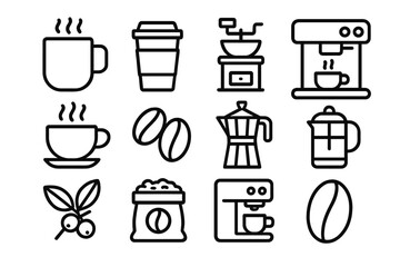 Coffee line icon set. Modern outline style symbols for cafe menu, web, apps. Vector collection of coffee making equipment like machine, grinder, pot, moka and french press.