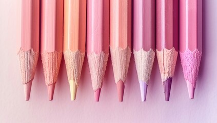 Close-up of a row of colored pencils in various shades of pink and peach