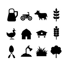 A 15-icon pictogram set representing agriculture and farming in simple flat black style. Includes tractor, barn, cow, wheat, corn, rice, plow, watering can, shovel, farmer, chicken, egg, greenhouse, h