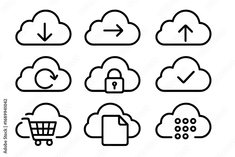 Fototapete cloud computing line icon set. vector symbols for download, upload, data storage, security, and sync