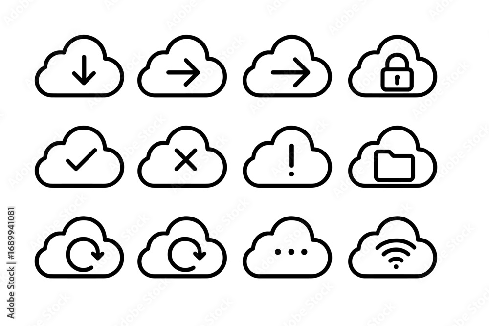 Fototapete cloud computing icon set. outline signs for data storage, download, upload, security lock, sync, and