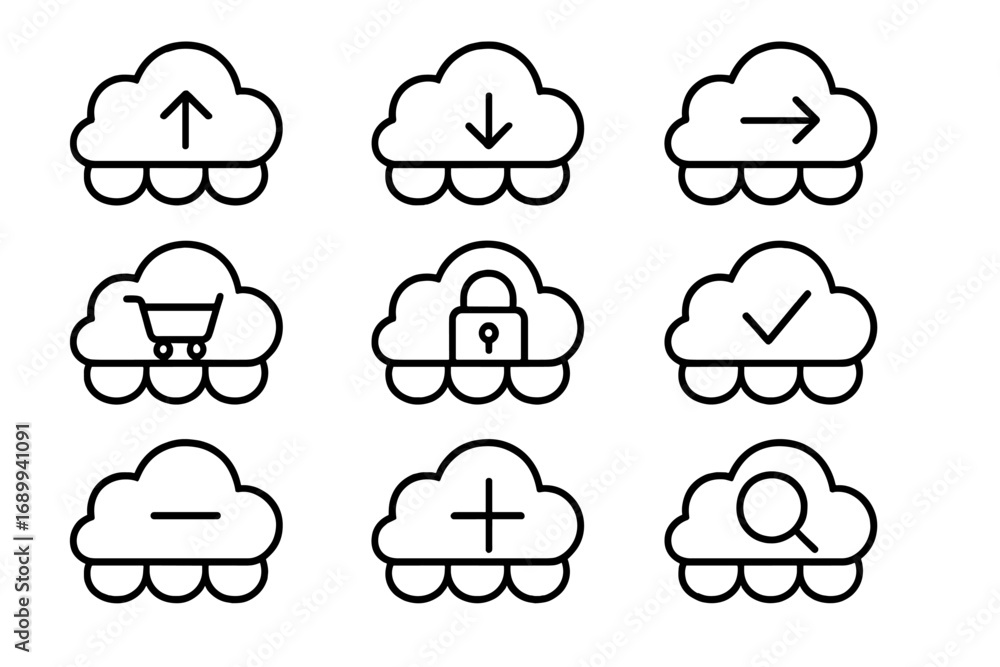 Poster cloud computing service & data storage vector icon set. outline symbols for web app. includes upload