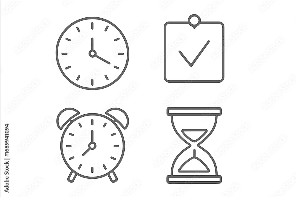 Poster time management icon set with clock, alarm, hourglass, and reminder checklist. thin line art concept