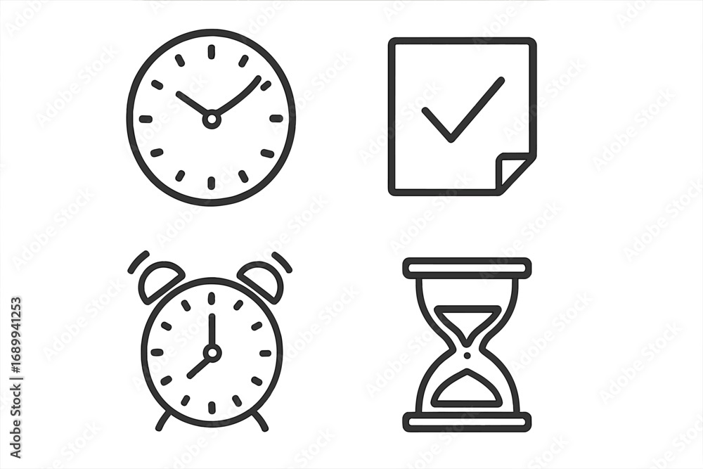 Poster time management outline icon set. vector collection of thin line symbols. clock, alarm, hourglass, a