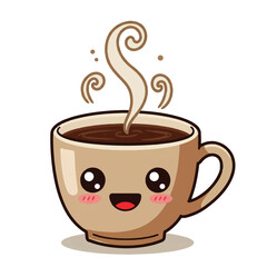 Happy Kawaii Steaming Coffee Cup Illustration.