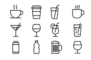 Beverage and Drink Line Icons Set. Coffee Cup, Takeaway, Cocktail Glass, Wine, Juice, Beer Mug, Soda. Outline Style Vector for App UI, Web Design, Advertising, Menus, Cards, Transparent Background