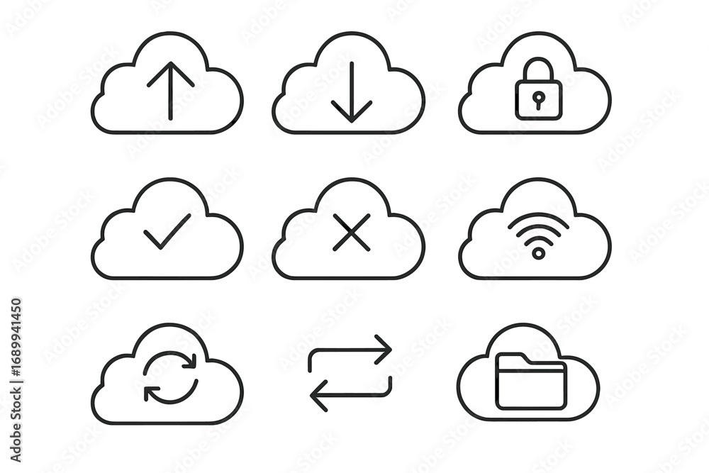 Poster cloud computing line icon set. vector icons for data storage, upload, download, security lock, sync,