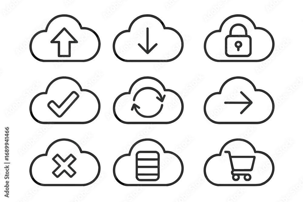 Poster cloud computing service & web technology outline icon set. vector symbols for data storage, upload, 
