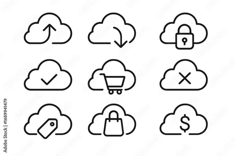 Poster cloud computing & e-commerce line icon set. vector collection of upload, download, security lock, pa