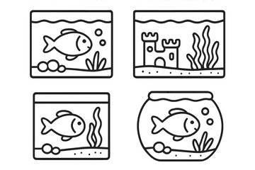 Aquarium line icon set. Simple fish tank and fishbowl outline vector collection. Minimalist cartoon illustration of aquatic pets with fish, seaweed, and castle decoration.