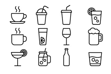 Beverage and drink line icon set. Vector outline symbols for web and graphic design. Coffee, tea, beer, wine, juice, cocktail, and soda glass for cafe or bar menu.
