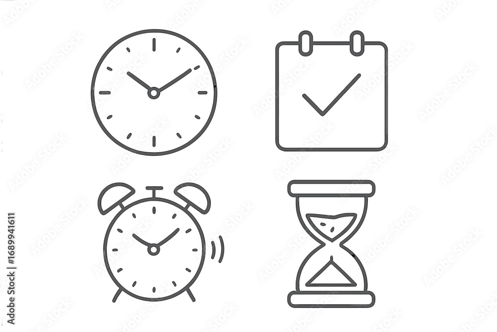 Poster time management icon set. thin line vector symbols of clock, alarm, calendar and hourglass. concept 