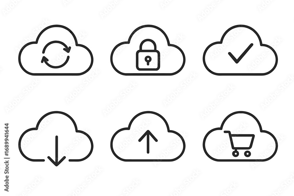 Poster cloud computing outline icon set. vector symbols for data storage, upload, download, security lock, 