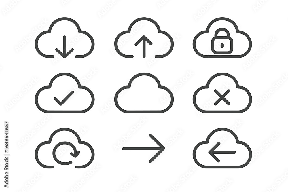 Poster cloud computing icon set. vector line icons for data storage, upload, download, security lock, sync,