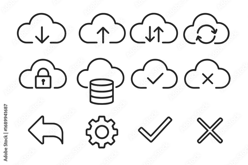 Poster cloud computing icon set. data storage, upload, download, sync & security symbols. vector line icons