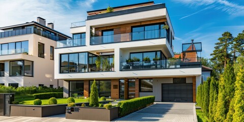 Fototapeta premium A modern, luxurious house with a glass facade and black accents, featuring a spacious patio and a garden with greenery.
