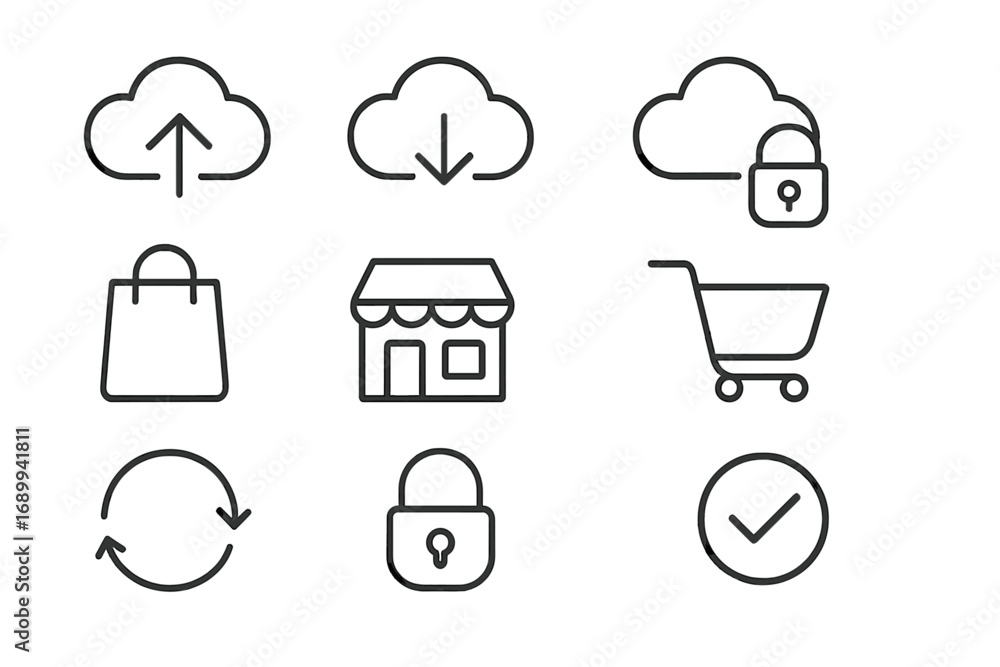 Poster e-commerce and cloud computing line icon set. vector symbols for online shopping, data storage, and 