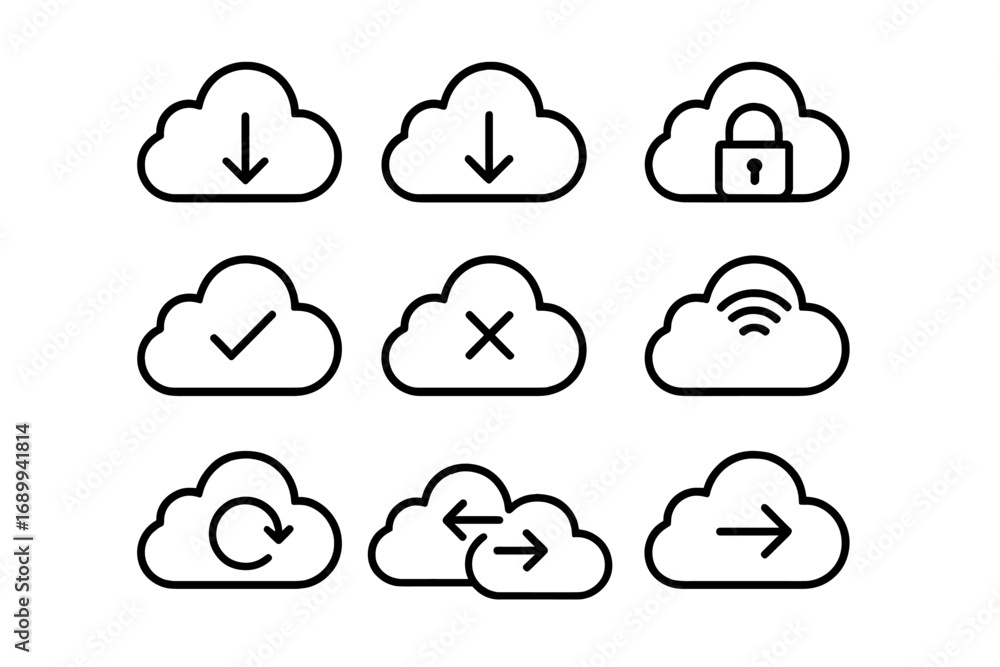 Aufkleber cloud computing line icon set. data storage, download, upload, security, and sync symbols. simple ed