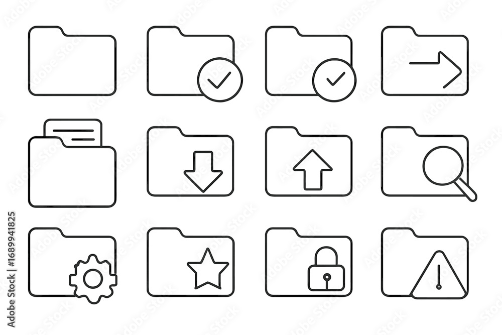 Poster folder thin line icon set. file management outline signs. data document storage pictograms for web a