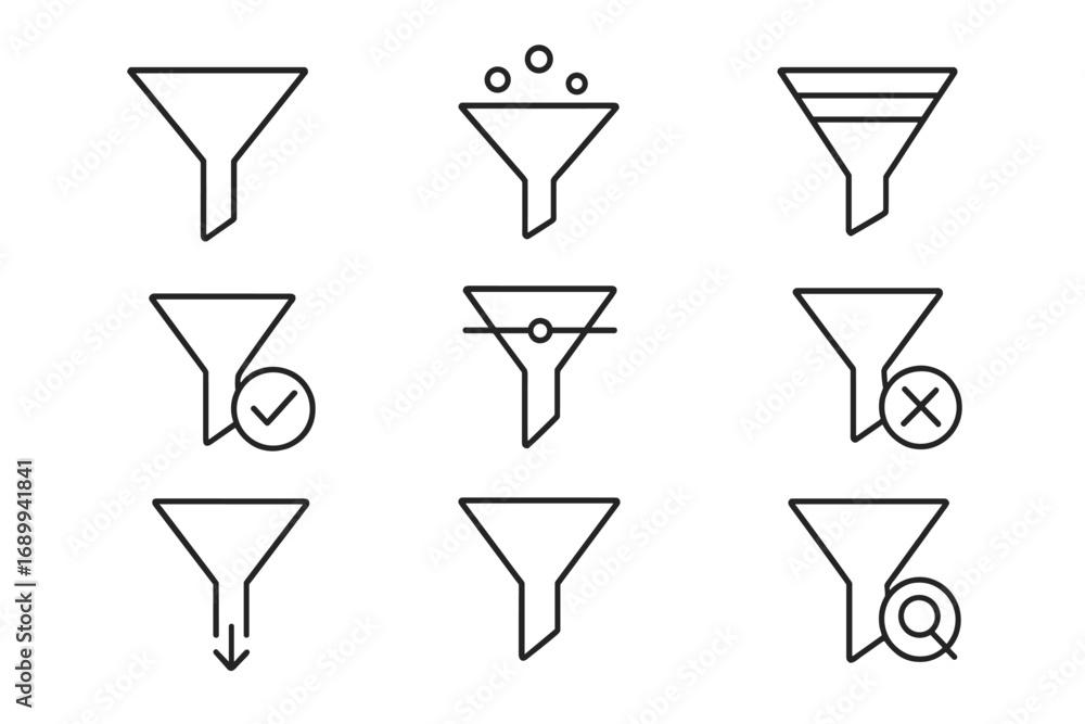 Aufkleber filter and funnel icon set. thin line vector signs for web and apps. data sorting and filtering symb
