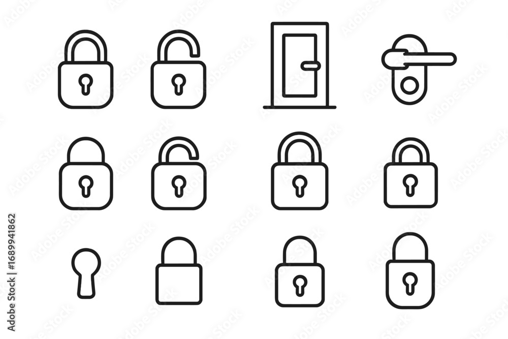 Poster lock and unlock line icon set. padlock, door, keyhole outline vector symbols. simple security and pr