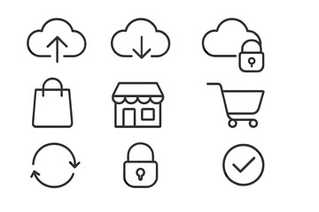 E-commerce and cloud computing line icon set. Vector symbols for online shopping, data storage, and digital services. Includes cart, store, upload, download, and security icons.