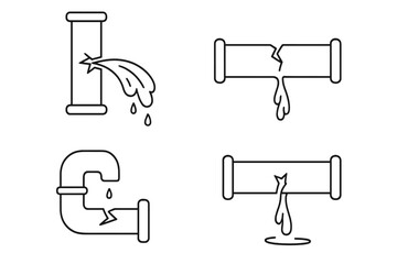 Leaking pipe thin line icon collection. Broken pipeline, burst water main, and drip. Plumbing accident, drainage system damage, and home repair emergency. Editable stroke vector.