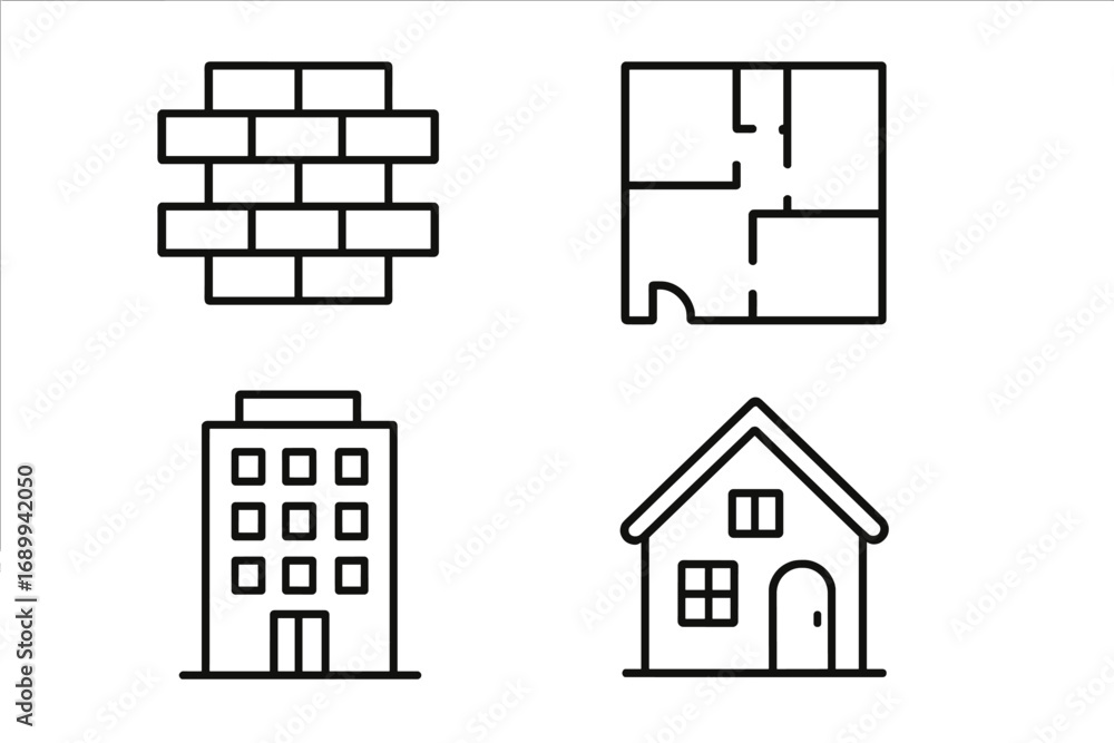 Poster building and construction line icon set. real estate and architecture concept. icons include brick w