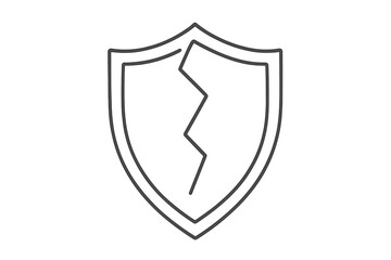 Cracked shield thin line icon. Broken security and lost protection concept. Symbol of vulnerability, danger, risk and data breach. Unsafe defense. Vector cartoon illustration.