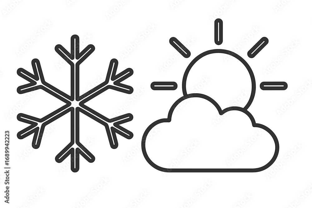Poster metaphor for weather change and seasons. hot and cold temperature. sun with cloud versus snowflake. 