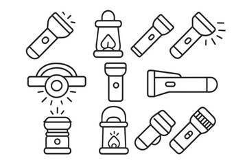 Flashlight and Lantern Line Icon Collection for Camping and Outdoor Activities. Outline Vector Signs for Graphic Design, Web, Apps, Advertisements, Emergency, Travel, and Adventure Concepts.