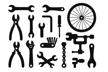 Bike repair tools silhouette icons for bicycle maintenance. Vector cartoon illustration of a workshop kit. Mechanic service equipment collection. Spanner, wheel and chain.