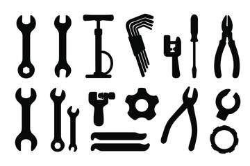 Bike repair tools icon set for maintenance. Vector silhouette collection of bicycle mechanic equipment. Wrench, pump, allen key, chain tool for cycling service projects. Isolated graphic.