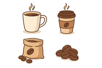 Set of coffee vector icons. Cartoon illustration of a hot mug, takeaway paper cup, roasted coffee beans, and a bag. Isolated graphic elements for cafe, menu, or advertising.