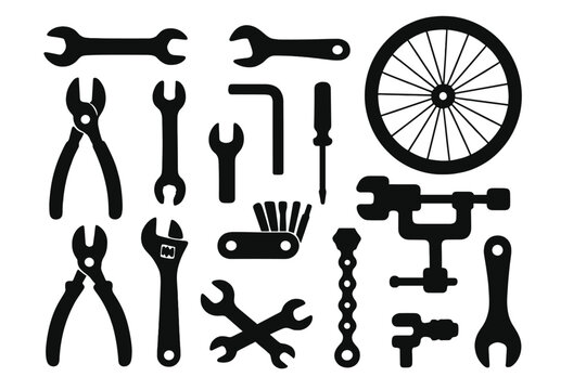 Bike repair tools silhouette icons for bicycle maintenance. Vector cartoon illustration of a workshop kit. Mechanic service equipment collection. Spanner, wheel and chain.