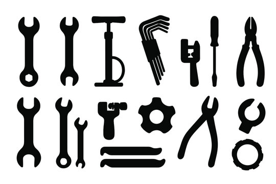 Bike repair tools icon set for maintenance. Vector silhouette collection of bicycle mechanic equipment. Wrench, pump, allen key, chain tool for cycling service projects. Isolated graphic.