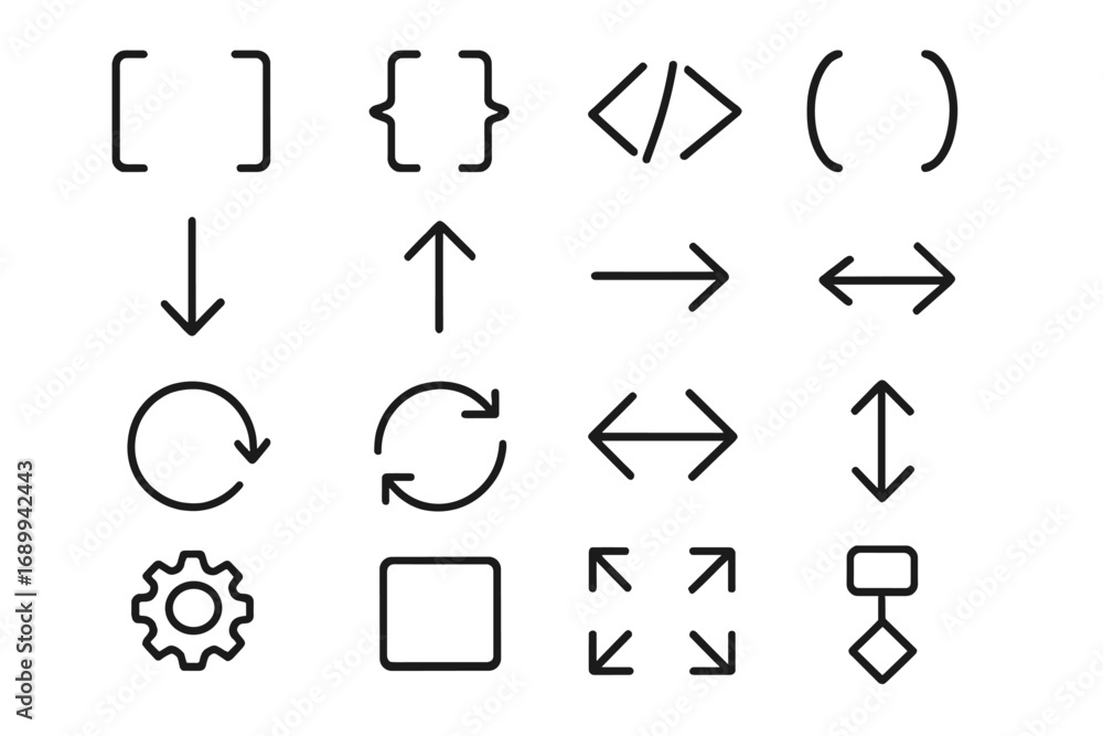 Fototapete vector line icon set with arrows, brackets, gear, and code symbols. essential ui and ux elements for