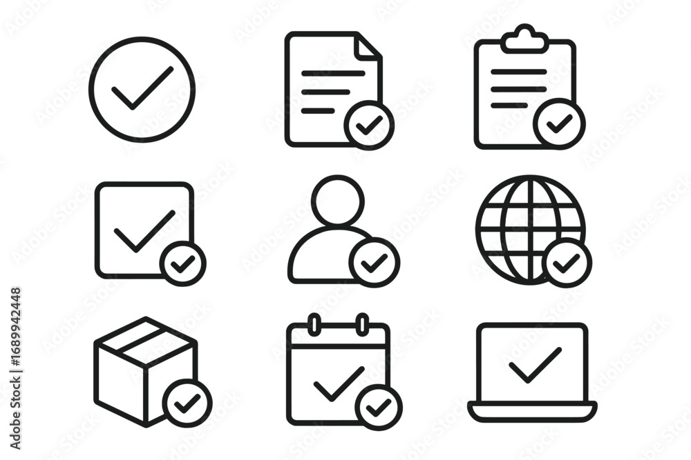 Poster approve and completion line icon set. checkmark on document, user profile, delivery box, calendar an