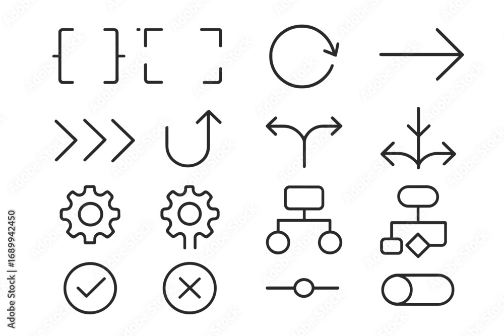 Poster infographic elements line icon set. vector collection of arrows, gears, flowcharts and brackets. edi