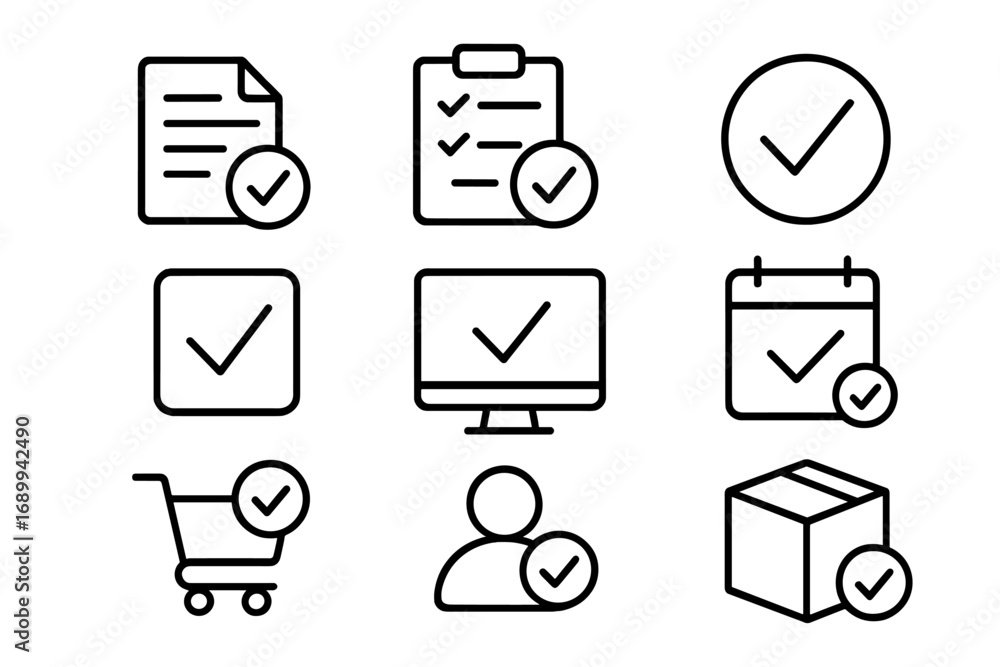 Poster checkmark line icon set. concepts of approval, completion, and success for business tasks. vector sy