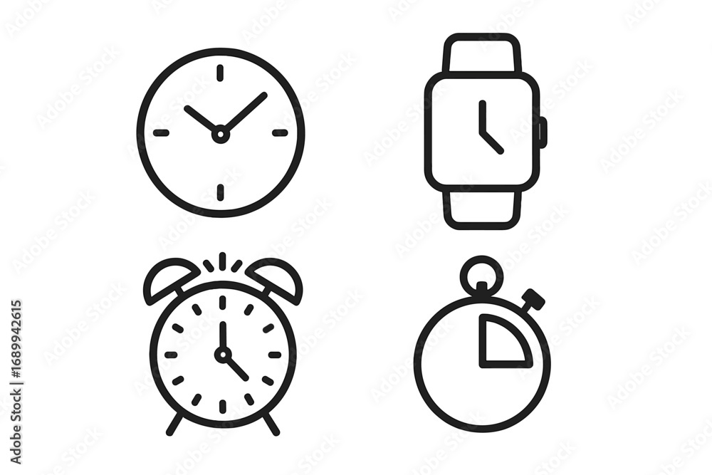 Poster time management icon set. clock, smartwatch, alarm, and timer outline icons. vector line art collect