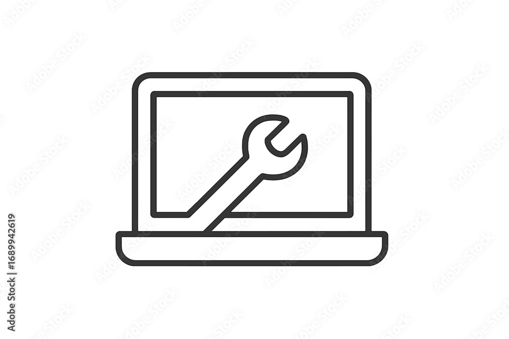 Poster laptop repair service icon with wrench. computer technical support or maintenance concept. notebook 
