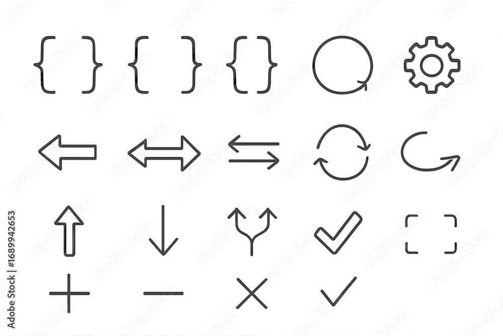 Aufkleber vector line icon set with arrows, brackets, gear, plus, and minus symbols. editable stroke elements 