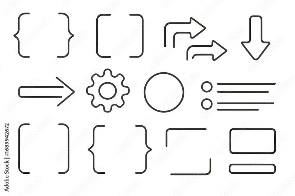 Aufkleber brackets, arrows, gear vector line icon set. collection of simple outline symbols for infographics, 